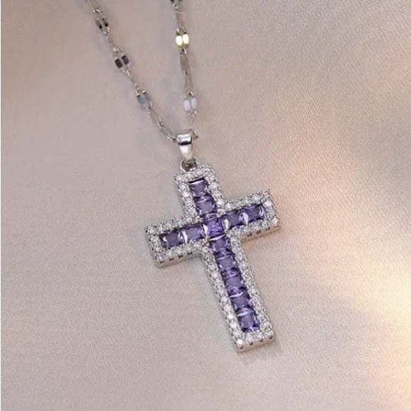Jewelry - Purple Amethyst & Diamond Religious Cross Silver Toned Necklace